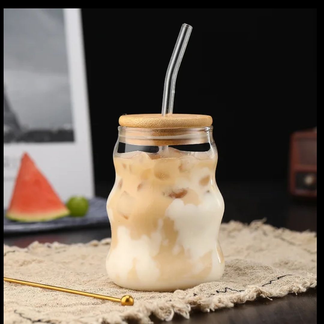 Glass Mug 500Ml with Straw, Mason Jars With Cover, Mug for JUICE and COFFEE Glass