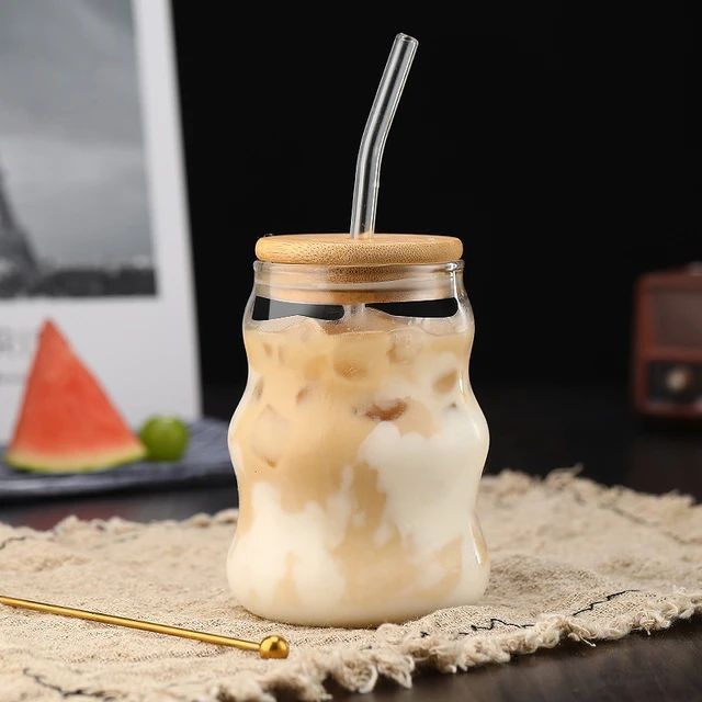 Glass Mug 500Ml with Straw, Mason Jars With Cover, Mug for JUICE and COFFEE Glass