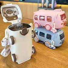 Imported 500ml Cute Bus Water Bottle With Straw Cute Water Bottle For School Kids Portable Cartoon Bus Water Bottle For Kids Gifts School Kids Cute Water Bottle
