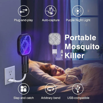 Mini USB Portable Electric Mosquito Racket Lamp with Led Flash Light - Plug-in Fly & Bug Zapper, Anti-Insect USB Mosquito Swatter for Indoor & Outdoor Use, Mosquito Trap for Home, Office, Travel, Camping