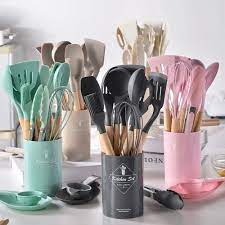 12 Pcs Silicone Cooking Utensils Kitchen Utensil Set - Heat Resistant Non-Toxic BPA Free Tongs,Spoon,Brush,Whisk-Wooden Handles Kitchen Gadgets Tools Set for Nonstick