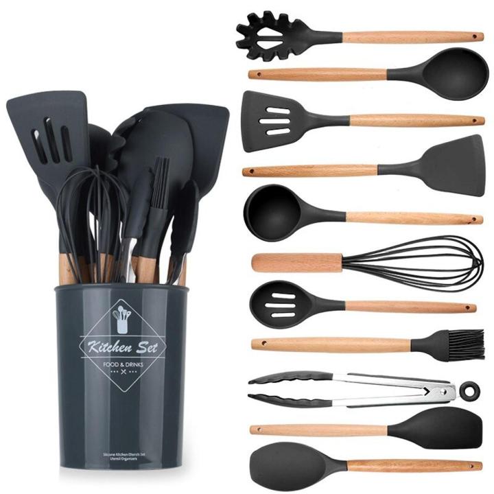 12 Pcs Silicone Cooking Utensils Kitchen Utensil Set - Heat Resistant Non-Toxic BPA Free Tongs,Spoon,Brush,Whisk-Wooden Handles Kitchen Gadgets Tools Set for Nonstick