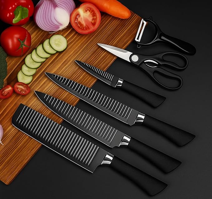 High-Performance 6-Piece Carbon Black Knife Set | Ultra Sharp Stainless Steel Blades with Soft Grip | Professional Kitchen Tools for Meat & Veggies