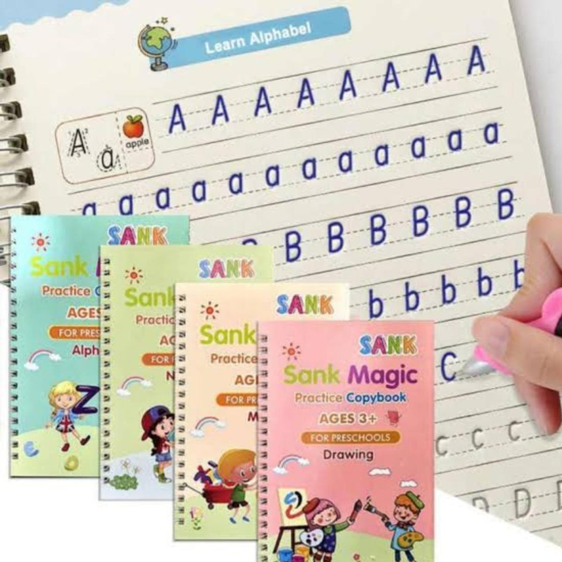 Set of 4 SANK Montessori Reusable Magic Book children book Handwriting Calligraphy and Montessori Practice with 10 refills First Preschool Baby Learning Books for Kids