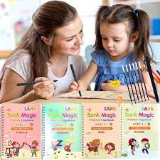 Set of 4 SANK Montessori Reusable Magic Book children book Handwriting Calligraphy and Montessori Practice with 10 refills First Preschool Baby Learning Books for Kids