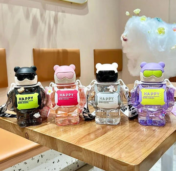 800Ml Cute Happy Mini Cool Plastic Water Bottle for School Kids 3 New Trend Water Bottle With Straw Large Capacity For Kids Cute Cartoon Travel Water Bottle for Girls and Boys Teddy Bear Water Bottle